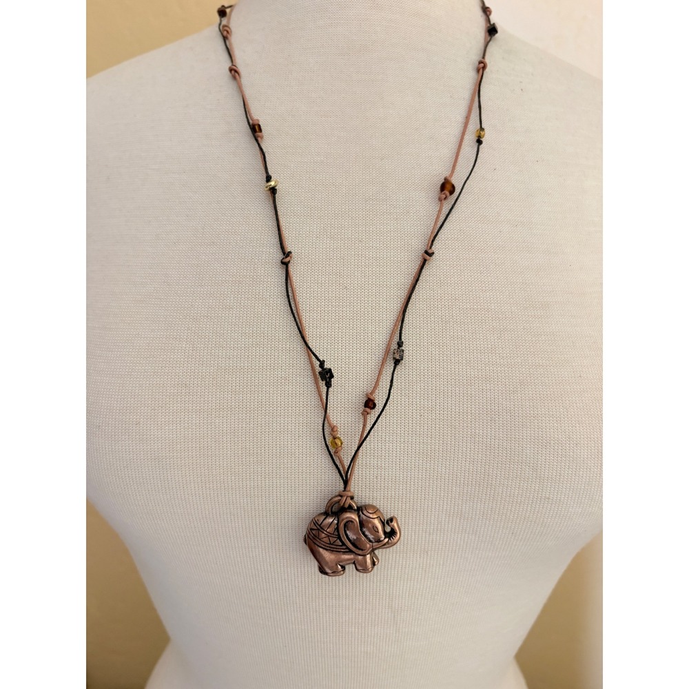 Copper Elephant Pendant Necklace Boho Layered Cord Beaded Animal Jewelry 30 Inch